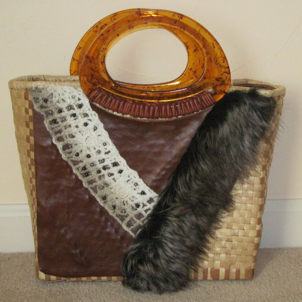 Unique upcycled woven straw tote bag